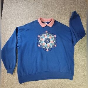 Vintage JERZEES Floral Embroidery Sweatshirt with Collar, 3XL
